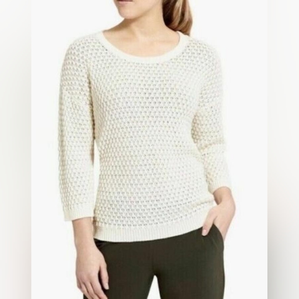 Athleta Seychelles Linen Cotton Ivory Knit Pullover Sweater Size S
